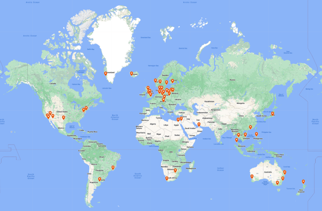 Map of our customers. 20+ countries on 6 continents